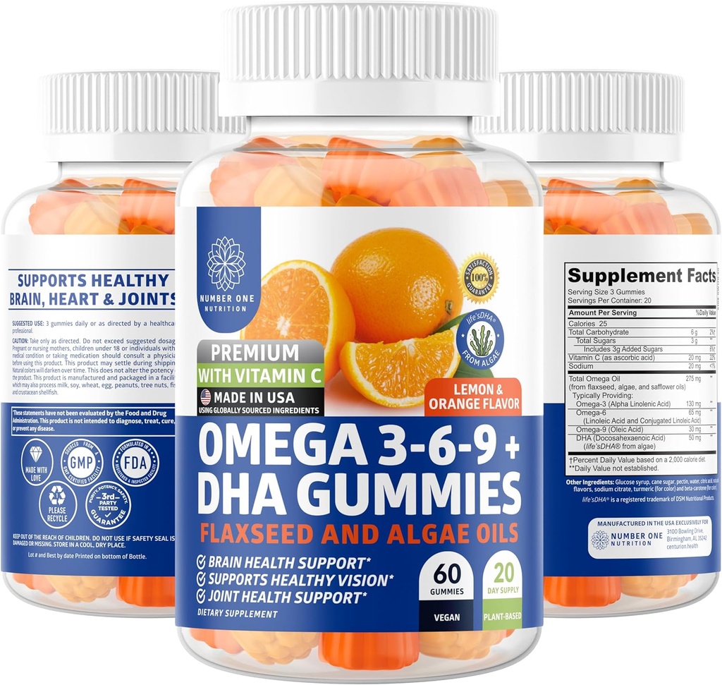 N1N 프리미엄 오메가 3 6 9 + DHA Gummies [Vegan, Plant Based] 비타민 C, 60 Gummies와 천연 두뇌, 면역 및 관절 건강 지원