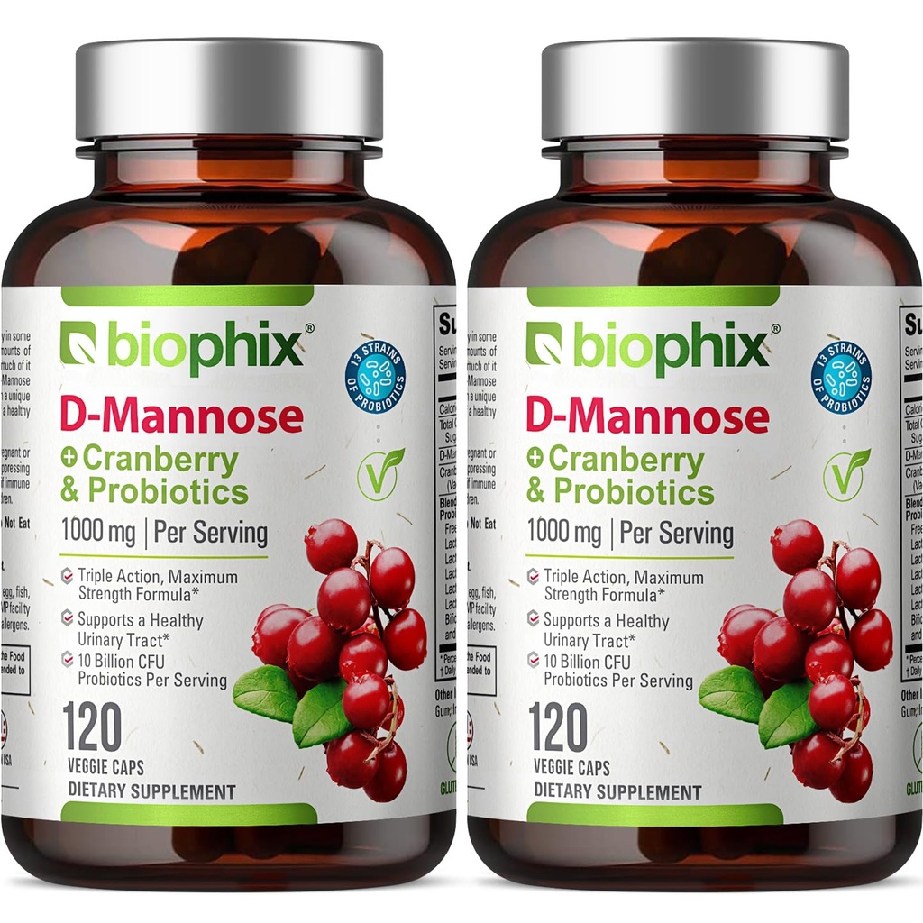 Cranberry & Probiotics를 가진 Biophix D-Mannose 1000mg 캡슐 - 여성을 위한 D Mannose 보충교재 - Urinary Tract & Bladder 건강 지원을 위한 D-Mannose 알약 - 소화된 우물 - 120 Vcaps 2 팩