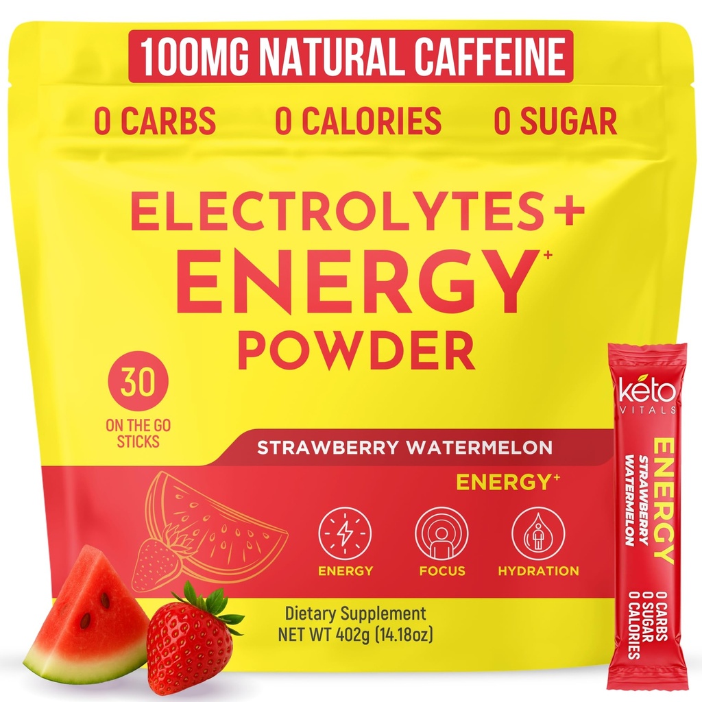 Keto Vitals Electrolyte Energy Drink Powder Packets - 에너지 및 Rehydration 용 전해질 보충 - Strawberry Watermelon Keto Powder Packets, 30 카운트