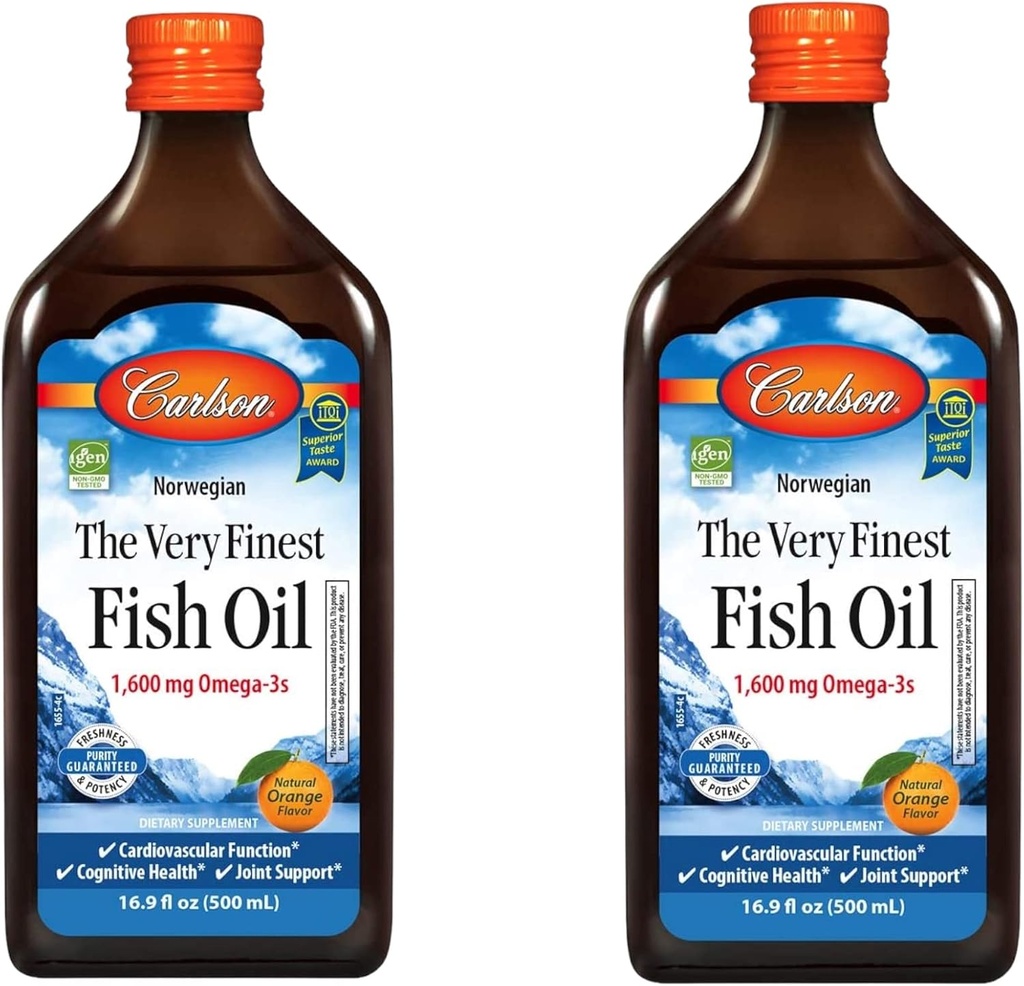 Carlson - 매우 Finest Fish Oil, 1600 mg Omega-3s, 액체 물고기 기름 보충교재, 노르웨이어 물고기 기름, 야생 잡초, 지속 가능한 Sourced Fish Oil Liquid, 오렌지, 16.91 Fl Oz (패킹 2)