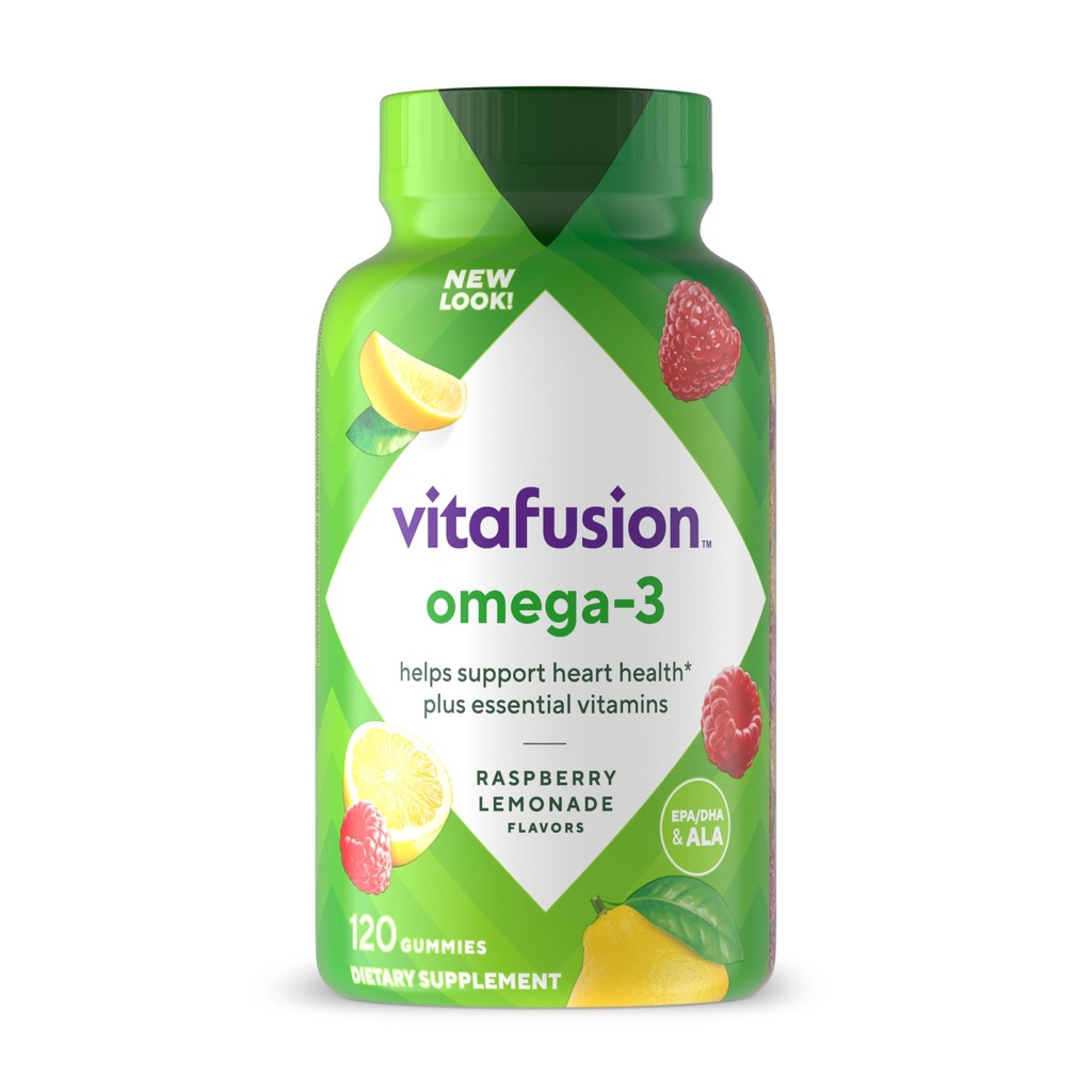 Vitafusion Omega-3 거미 비타민, Berry Lemonade 맛, 심장 건강 비타민 (1) Omega 3 EPA/DHA와 비타민 A, C, D 및 E의 미국 수 1 비타민 상표, 60 일 공급, 120 조사
