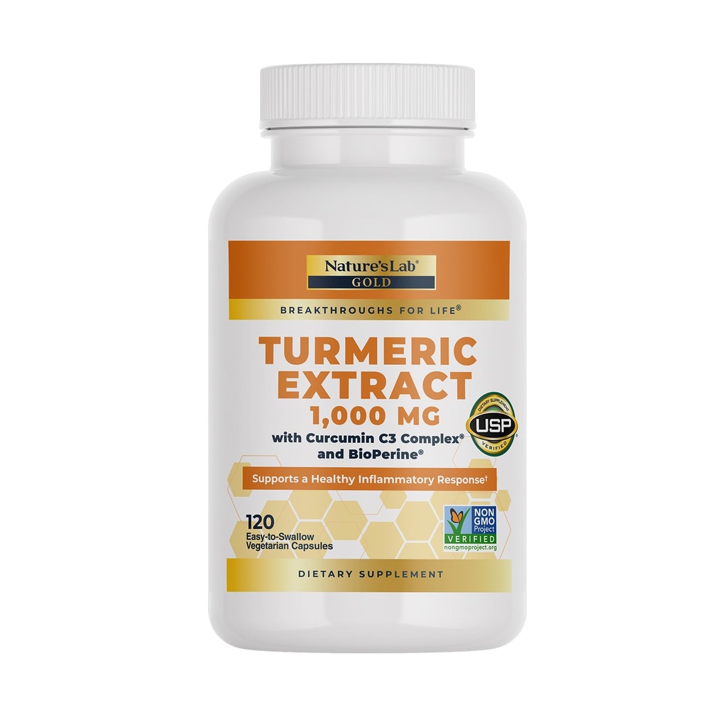 Nature's Lab Turmeric Curcumin C3 Complex 1000mg - Turmeric Extract 1000mg & BioPerine 5mg 표준 95 %, 심장 혈관, 면역, 관절, 피부 건강 증진 - 120 캡슐 (60 일 공급)