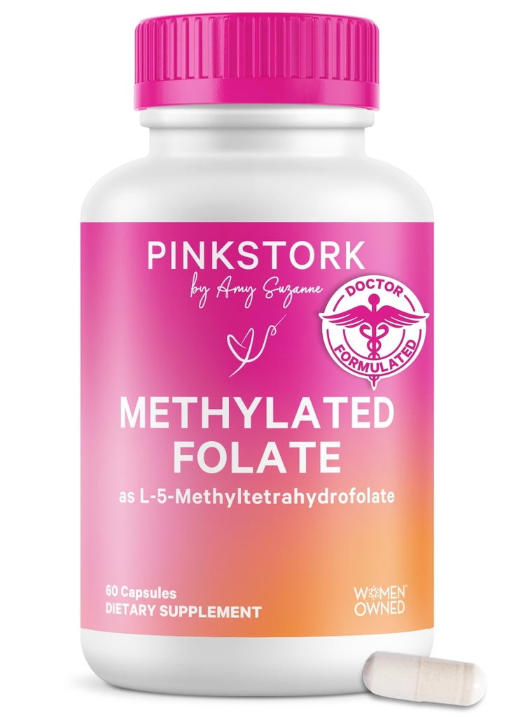 분홍색 Stork Folate: 메틸 Folate - MTHFR 산, 임신을 위한 Folic 산의 자연적인 모양, 엄마 + 아기를 위해 공식화해, 여자 가운을 주는, 60의 캡슐 (포장 May Vary)