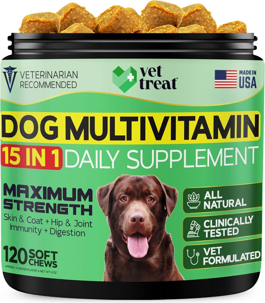 Dog Multivitamin는 글루코사민 & 살몬 오일과 유연 – 미국 – 강아지 & 선임 보충 – 120 Chews– 관절, 면역 체계, 피부 & 외투, 심장 & 소화를 위한 매일 웰빙 지원