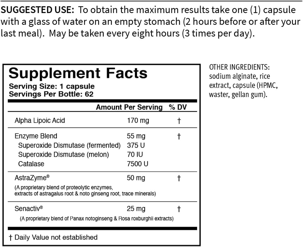 USAEnzymes YOUTHXYM 62 지연 릴리즈 채식 캡슐, 항산화 효소 보충. 알파 Lipoic 산 (ALA)의 170mg + 단백질 소화를 강화 AstraZyme의 50mg.