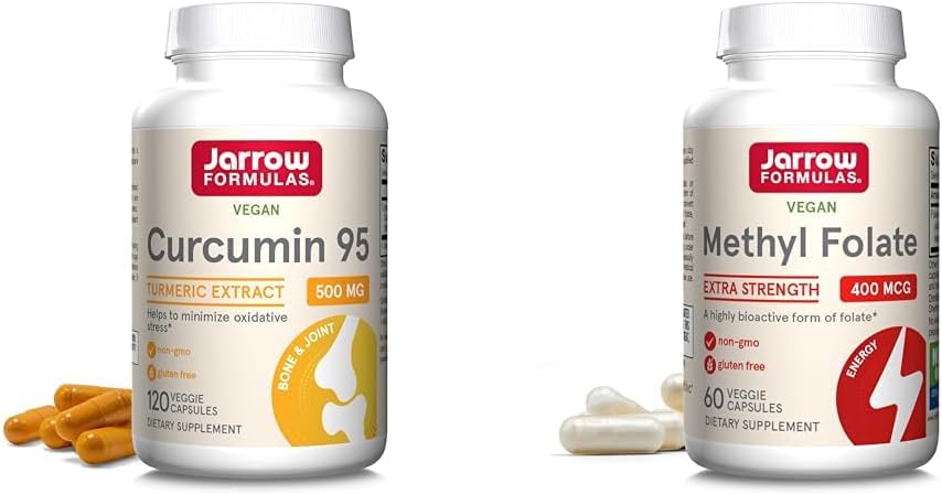 Jarrow 공식 Curcumin 95 500mg 및 메틸 Folate 400mcg 산화 및 심장 혈관 건강 지원 Dietary 보충교재 뭉치, 120 및 60의 Veggie 캡슐