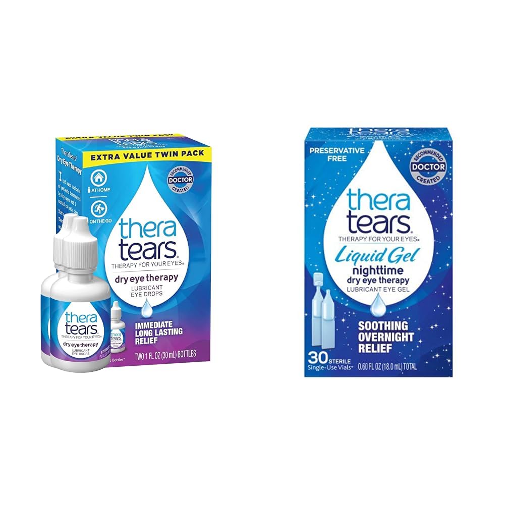 TheraTears는 건조한 눈, 1개의 fl oz 병 쌍둥이 팩, (2개의 x 30mL 병) & 액체 젤 밤 시간 기름을 바르는 건조한 눈, 단 하나 사용 작은 유리병, 30 조사를 위한 눈 하락을 기름을 발라냅니다