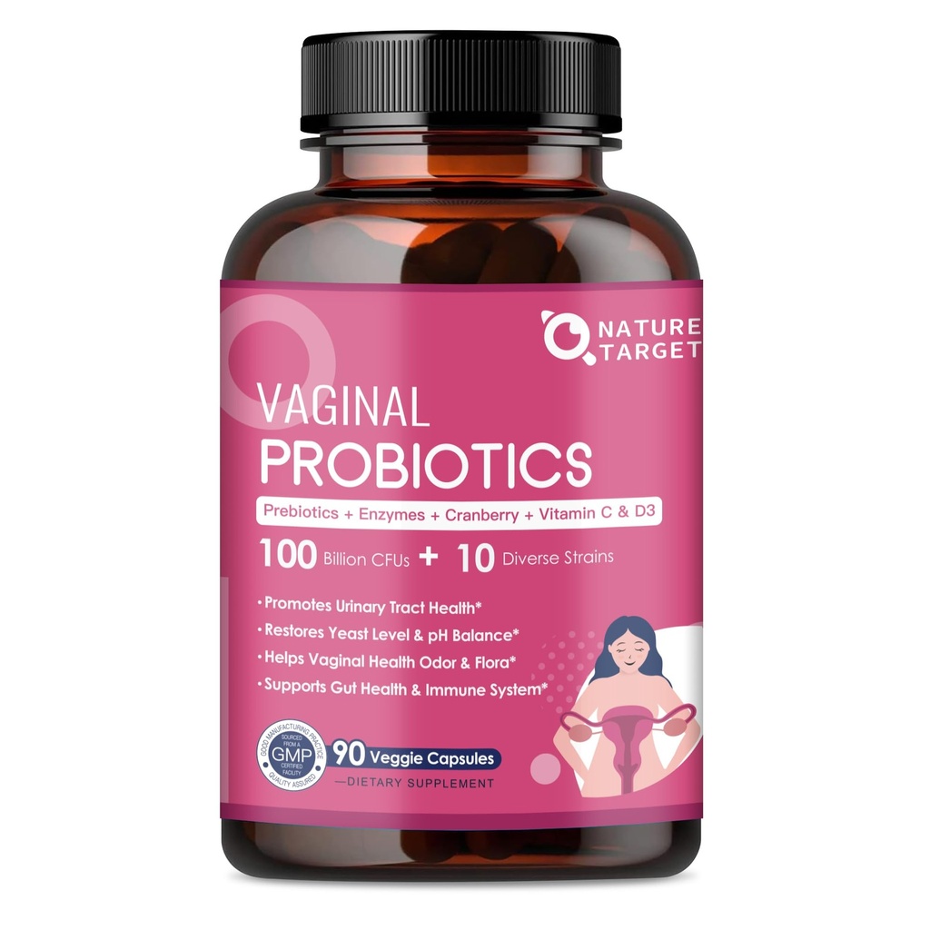 NATURE TARGET Vaginal Womens Probiotics, 100억 CFUs Probiotics & Prebiotics Digestive Enzymes, Cranberry & D-Mannose - pH 밸런스, 오더 및 Urinary Tract Health 지원 - 90 캡슐