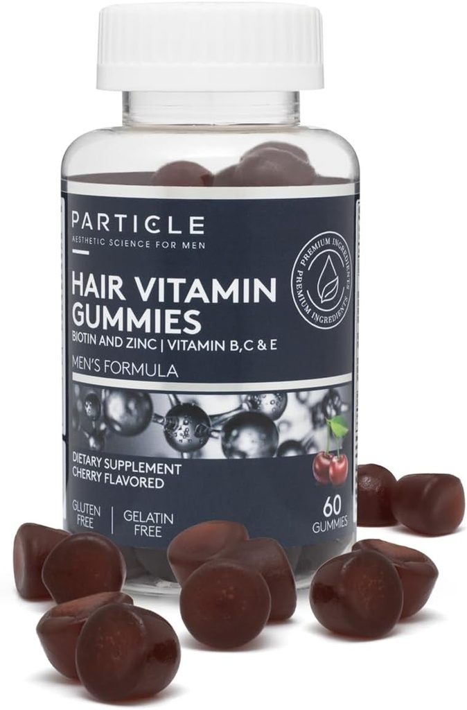 Particle Men’s Hair Gummies, Gluten Free & Vegan Supplement with Vitamin C, Biotin, 아연 & 비타민 B12, 헤어 & 웰빙 지원, 체리 맛, 60 Gummies, 1 개월 공급 남성용 보충