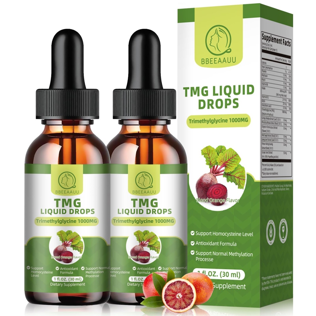 TMG는 1000MG를 보충합니다 - Trimethylglycine 액체 하락, Betaine 높은 흡수, 지원 메틸화, Liver Wellness & Cognitive, Non-GMO, Vegan, 혈액 오렌지 풍미, 1 Fl.Oz (2 팩)
