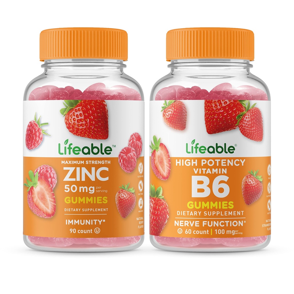Lifeable 아연 50mg + 비타민 B6, Gummies 번들 - 훌륭한 타스팅, 비타민 보충, 글루텐 무료, GMO 무료, Chewable Gummy