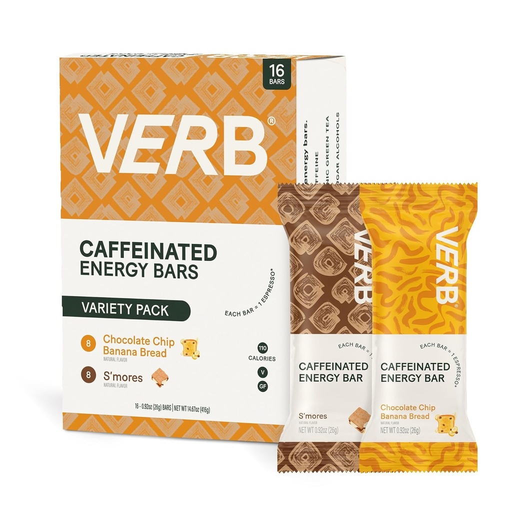 Verb Caffeinated Energy Bar Variety Pack - 2 맛있는 맛사지 (26g, 16 팩) 110-Calorie Delicious Low Sugar Energy Bar, Vegan & Gluten 80mg 녹차 카페와 함께 무료 온 - 더 고 스낵