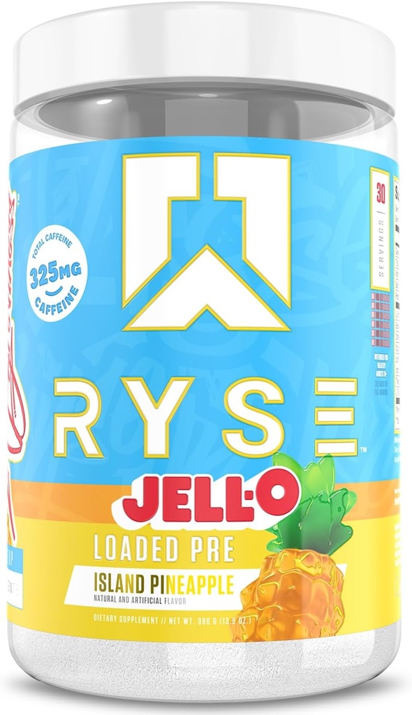 RYSE로드 사전 운동 분말 - Jell-O Island Pineapple - 325mg Caffeine, Beta Alanine 및 Citrulline 펌프, 초점 및 에너지를위한 남성 및 여성을위한 매일 사전 운동 - 30 서빙