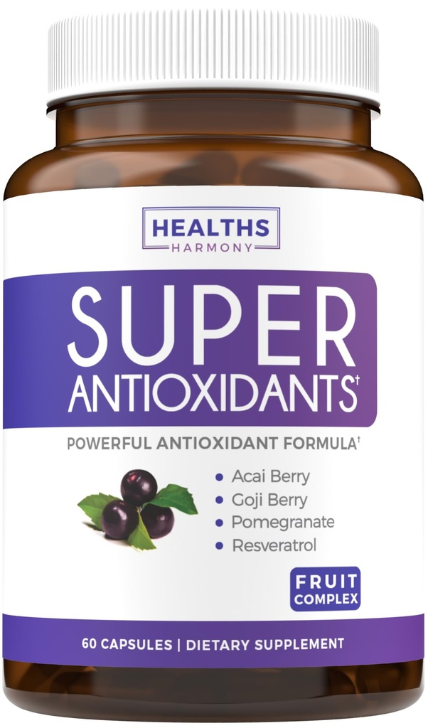 여성 및 남성을위한 슈퍼 산화제 보충 - Acai, Goji, Pomegranate, Elderberry & Resveratrol과 높은 효능 초본 및 과일 혼합 피부 관리 및 면역 지원 - Vegan & Non-GMO - 60 캡슐