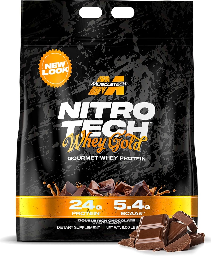 Muscletech Whey Protein Powder (Double Rich Chocolate, 8LB) - Nitro-Tech Whey Protein Isolate Smoothie Mix for Lean Muscle & Recovery - 여성 및 남성을위한 Whey Gold Protein의 24g - 포장 May Vary