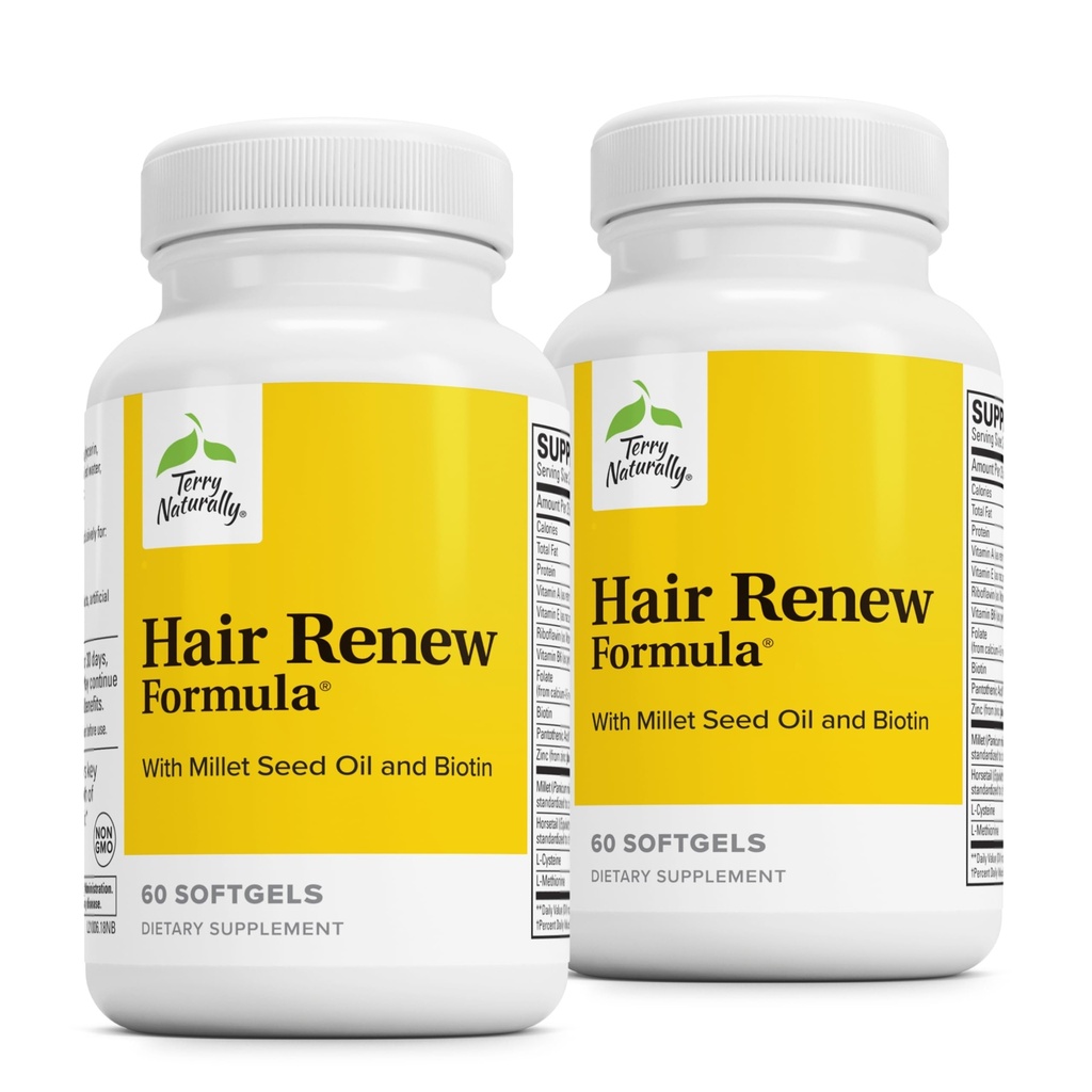 Terry Naturally Hair Renew Formula - 머리 성장 지원은 말 꼬리 Biotin & Folic Acid - Keratin 생산 지원을위한 밀렛 씨 오일 - 60 Softgels, 2 팩
