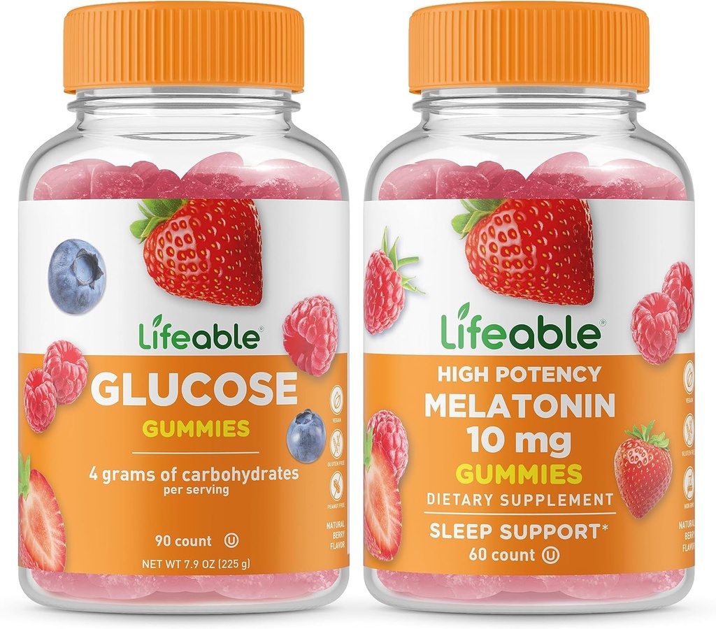 Lifeable 포도당 + 멜라토닌 10mg, Gummies 번들 - 훌륭한 맛, 비타민 보충, 글루텐 무료, GMO 무료, Chewable Gummy