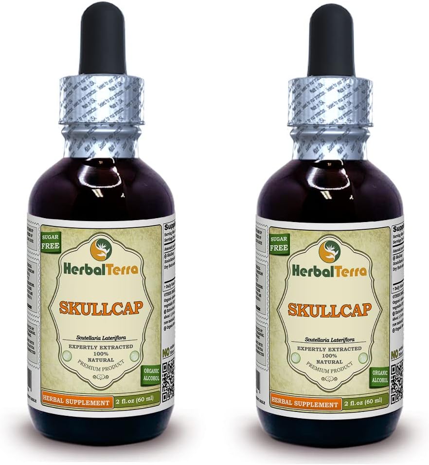 Skullcap (Scutellaria Lateriflora) Tincture, 유기 건조 허브 액체 추출 (브랜드 이름: HerbalTerra, Proudly Made in USA) 2x2 fl.oz (2x60 ml)