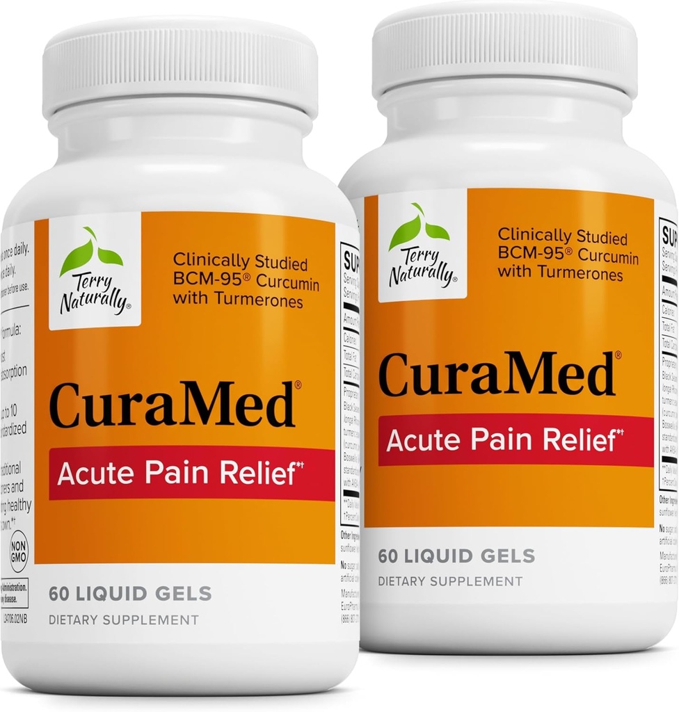 Terry Naturally CuraMed Acute Pain Relief - BCM-95 Curcumin & BOS-10 Boswellia와 보충 - Occasional Discomfort의 완화를 지원하기 위해 검은 참 씨 오일 - 60 액체 젤 (팩 2)