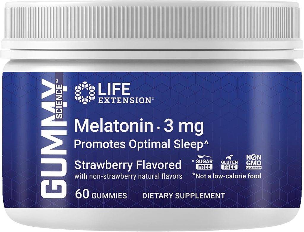 Life Extension Gummy ScienceTM Melatonin (Strawberry), 3 mg, Optimal Sleep Support, 건강한 circadian Rhythm, Cellular Defense, 글루텐 프리, 비 GMO, 채식, 60 구미