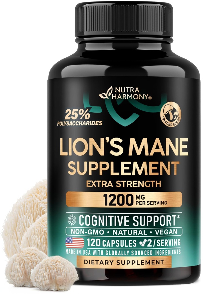 Lions Mane 보충 캡슐 - 유기 사자 Mane - 미국에서 만든 - 과일 Bodies 추출물 - 1200 mg, 25% 다당류 - 기억 & 초점 지원 - 사자 분말로 - 120의 캡슐, 2 달 공급
