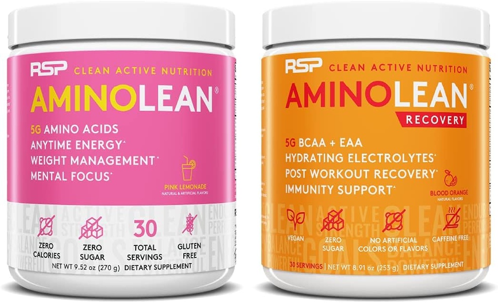 RSP NUTRITION AminoLean Pre Workout Energy (Pink Lemonade 30 서빙) AminoLean Recovery Post 운동 부스트 (Blood Orange 30 서빙)
