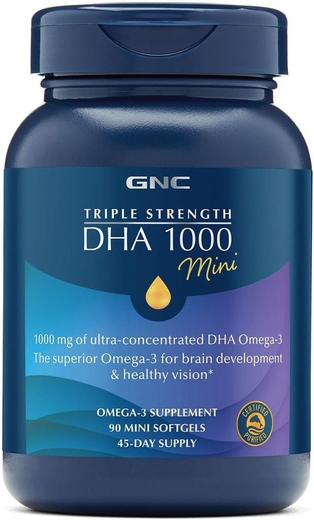 GNC 세겹 힘 DHA 1000 소형 오메가 3 보충교재, 1000mg, 매우 집중된, 높은 힘, 지원 뇌 발달 및 건강한 시각, Burpless, 90 소형 Softgels, 45 SVG의 45 일 공급