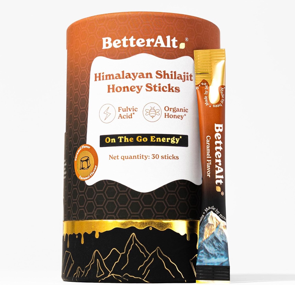 더 나은 Alt Pure Himalayan Shilajit Caramel 꿀 스틱 유기농 꿀   쉬운 양모 Shilajit   에너지 부스트 및 면역 지원을위한 30 스틱, 85 + Trace Minerals, 75% + Fulvic Acid