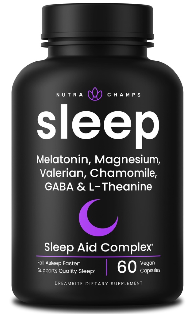성인을 위한 NutraChamps 10-in-1 자연적인 잠 원조 - Melatonin, 레몬 Balm 1000mg, Chamomile 400mg, Valerian 뿌리 600mg, L Theanine, L Tryptophan, GABA, 마그네슘 잠 원조