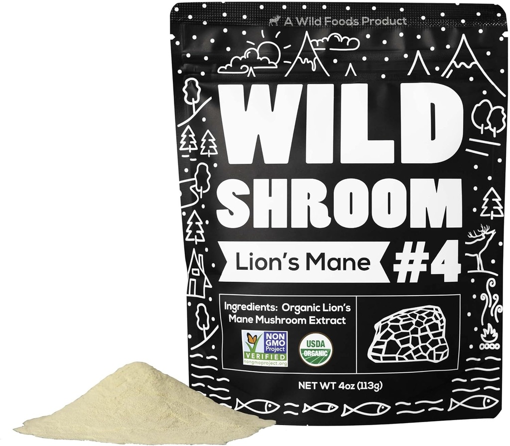 Wild Foods Lions Mane Powder 버섯 추출물 10 : 1 | 유기농 버섯 분말 | 뇌 건강, 기억 및 초점을위한 Adaptogenic Nootropic 허브 (4 Ounce (Pack of 2))