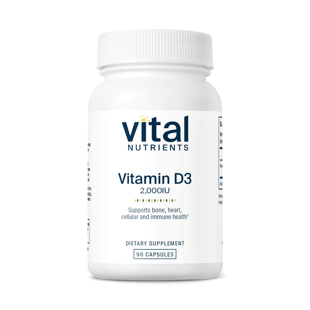 Vital Nutrients 비타민 D 2000 IU | 비타민 D3 보충 | 건강한 뼈, 치아, 근육   셀룰러 및 면역 기능 | 칼슘 흡수 | 글루텐, 낙농장 및 콩 무료 | 90 캡슐