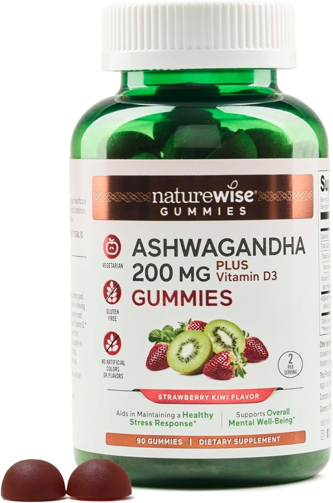 NatureWise Ashwagandha Gummies - Strawberry Kiwi - 비타민 D3가있는 KSM-66 - 무드 지원 - 채식주의 - 비 GMO, 젤라틴 및 글루텐 무료 - 90 Count[45-Day 공급]