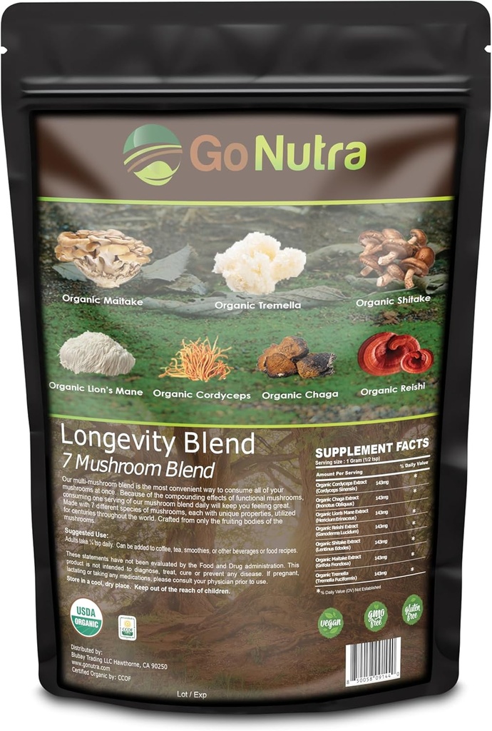 Go Nutra - 유기 7 버섯 보충, 사자 Mane, Chaga, Shiitake, Maitake, Reishi, Tremella 및 Cordyceps 버섯, 비 GMO, 글루텐 프리, Vegan, 4 oz와 함께 Longevity 버섯 분말