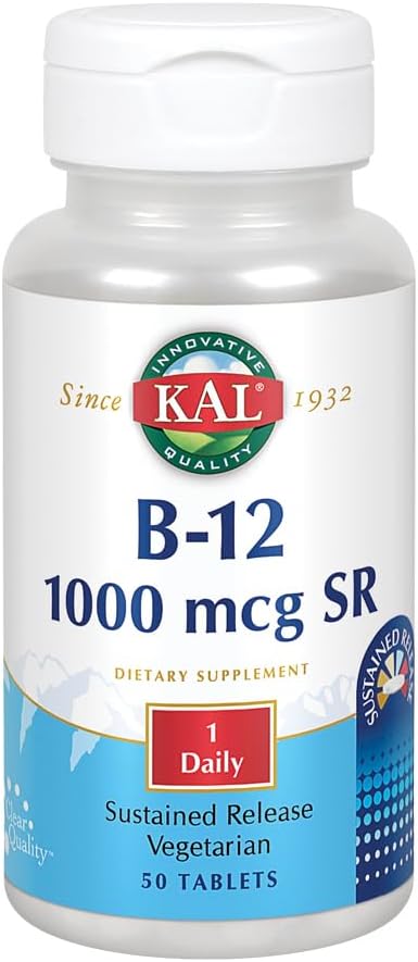 KAL B-12 1000 mcg 지속 릴리스 | 건강한 대사, 에너지, 신경 및 적혈구 지원 | 채식주의 | 실험실 검증 | 50 정제