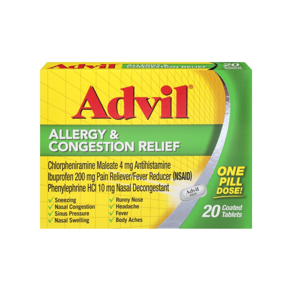 Advil 알레르기 및 소화 구호 정제, 통증 Reliever, Fever Reducer 및 Ibuprofen, Phenylephrine HCl 및 Chlorpheniramine Maleate 4 mg - 20 코팅 정제와 알레르기 구호