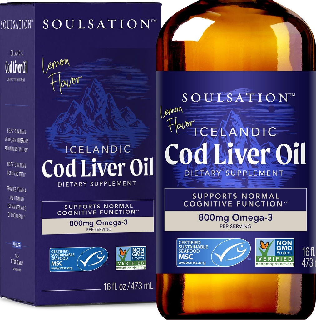아이슬란드어 Cod Liver 오일 액체, 레몬 (16oz) - 비타민 A & D, EPA & DHA - 비전, 스킨 멤브레인 및 면역 기능 - MSC 인증, 비 GMO