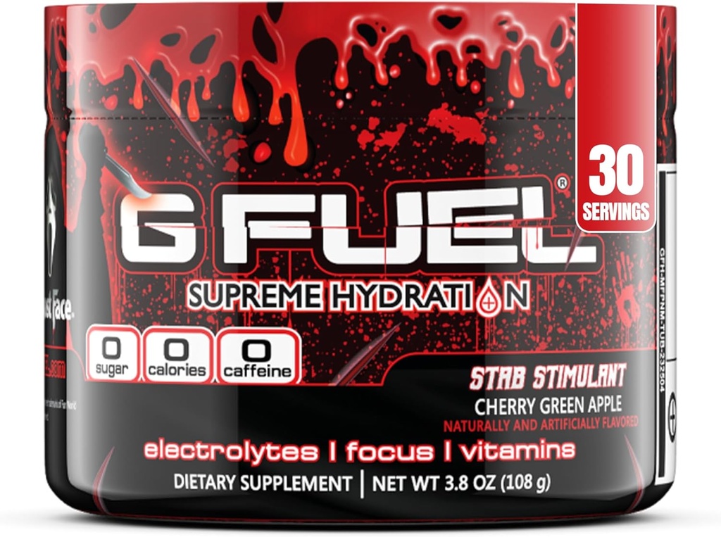 G Fuel Electrolyte Powder, Cherry Green Apple, Stab Stimulant, Zero Sugar 및 Caffeine-Free Hydration Mix with Electrolytes and Vitamins, 3.8 oz (Ghost Face, 30 서빙)