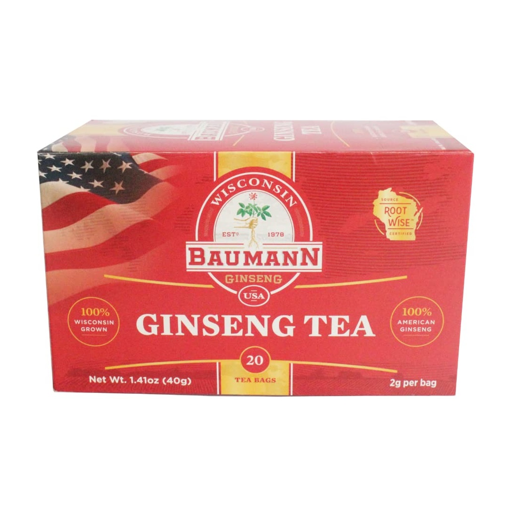 Baumann Premium American Ginseng Tea Bags (20 Tea Bags) - Authentic Panax Wisconsin Grown Panax Ginseng Herbal Tea - 강화 된 초점 및 에너지를위한 항 산화제 인삼 사이드가있는 건강한 녹차