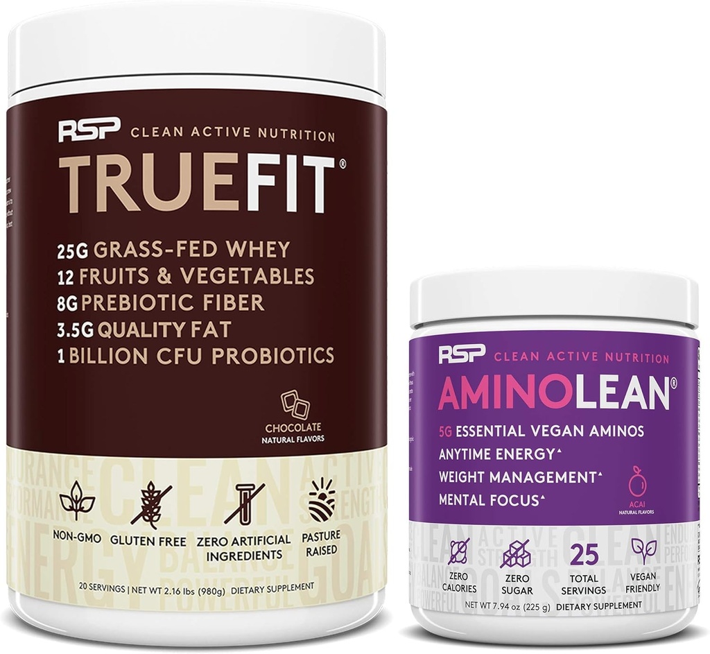 RSP NUTRITION Vegan AminoLean Pre 운동 에너지 (Acai 25 서빙) TrueFit Protein Powder (Chocolate 2 LB)