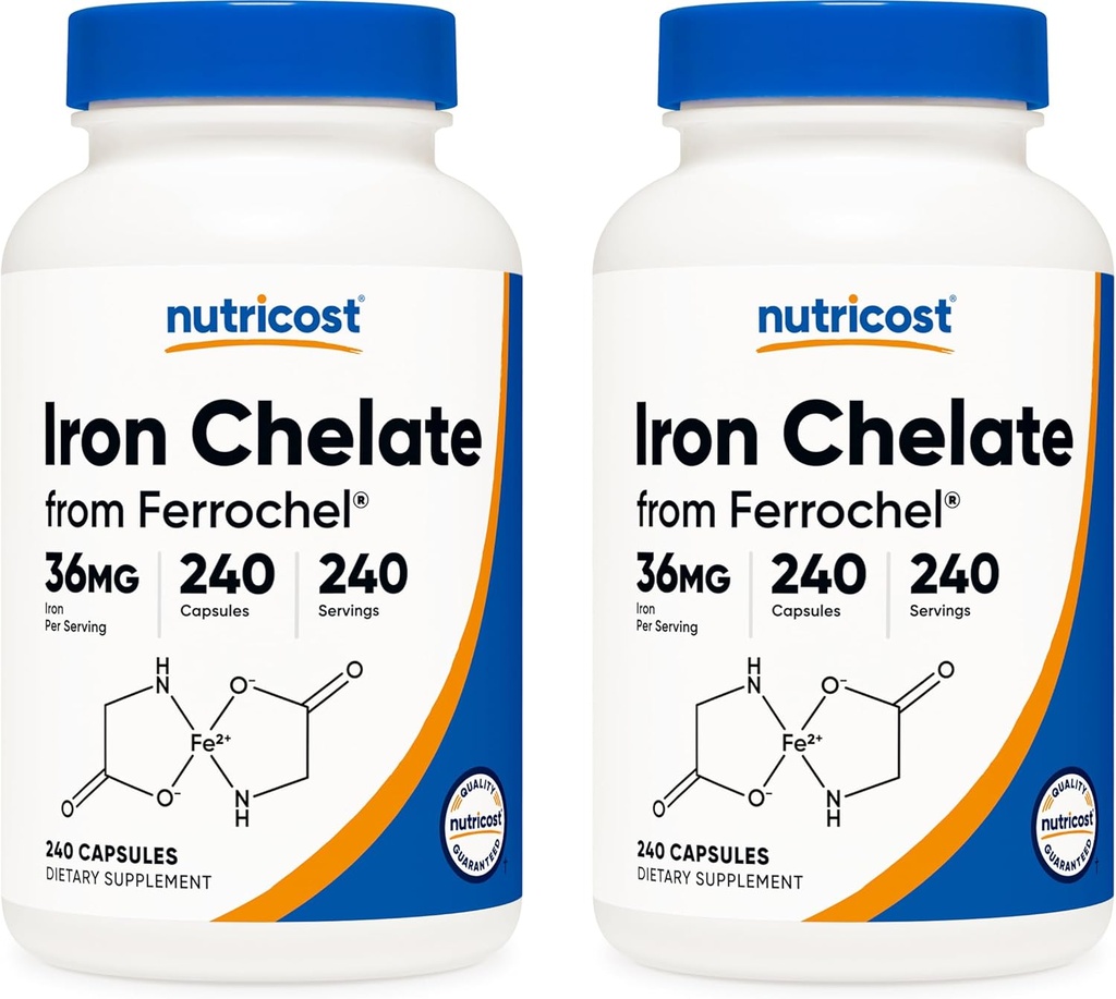 Nutricost Chelated 철, Ferrochel, 36mg, 240 캡슐 (2 병)