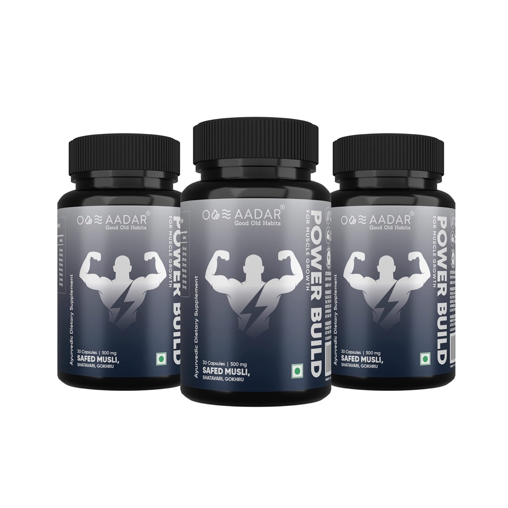 AADAR Power Build | Ayurvedic Real Muscle Mass Gainer | 성능 향상 및 부스트 대사 | (안전 Musli, Gokhru, Shatavari) 30 캡슐 (팩 3)
