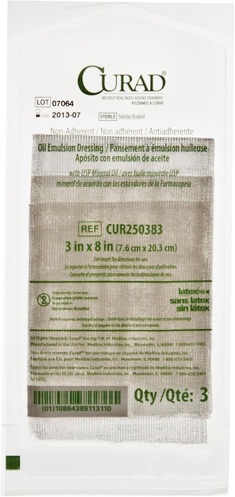 CURAD Sterile Non-Adherent Oil Emulsion Gauze Dressing, 3" x 8", 완벽한 부상 치료, 팩 648