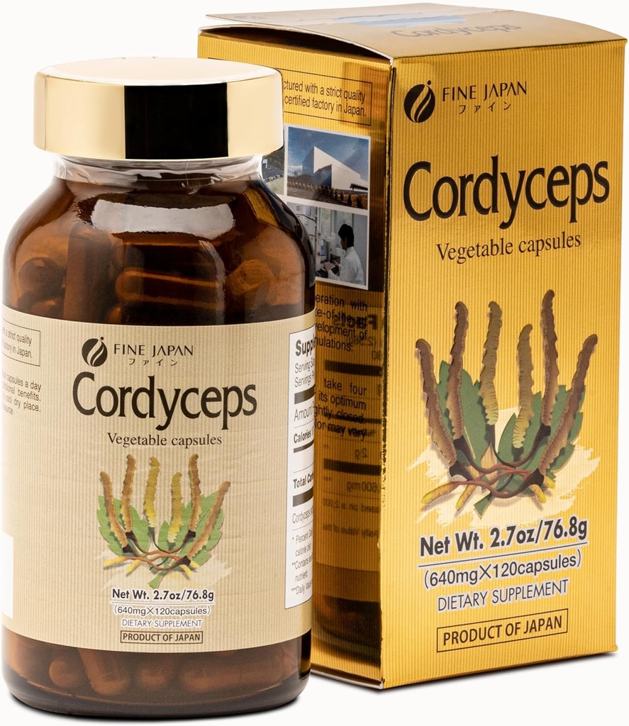 FINE JAPAN Cordyceps 버섯 캡슐 - 최적의 건강 혜택을위한 프리미엄 Cordyceps Militaris 및 Sinensis 추출물, 100 % Authentic Cordyceps는 쉽게 얕은 캡슐에
