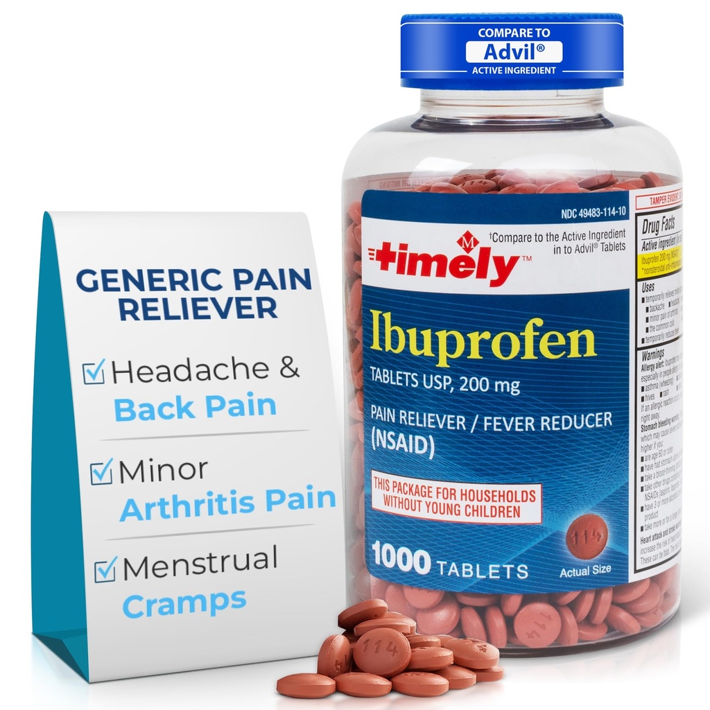 시간 모자 LABS, INC. 적시 Ibuprofen 200mg 1000 정제 - 통증 완화 정제 및 Fever 흡진기 - 두통 기복, 생리통, 치아 통증, 근육, 관절염 통증 및 신체 통증