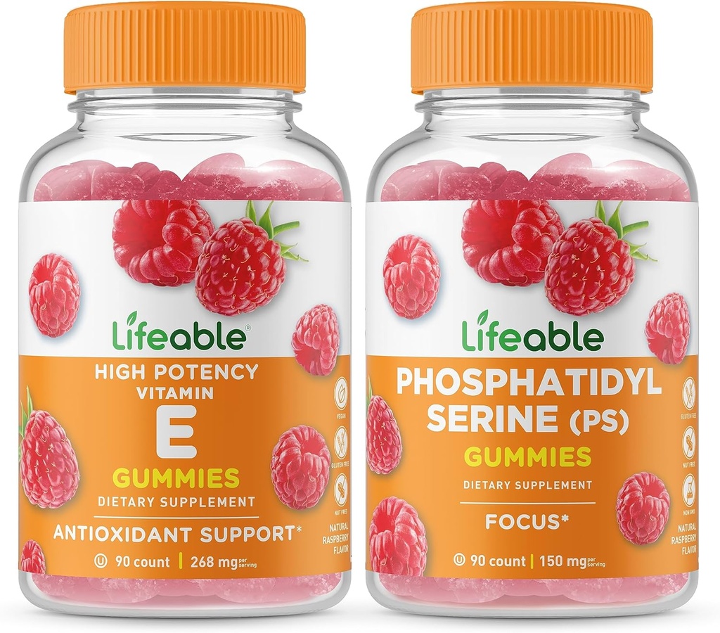 Lifeable Vitamin E + Phosphatidylserine (PS), Gummies 번들 - 훌륭한 타스팅, 비타민 보충, 글루텐 무료, GMO 무료, Chewable Gummy