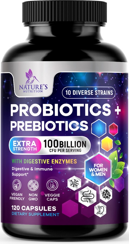 Probiotics 100 억 CFU per 서빙 - 10 프리미엄 균류 + Prebiotics - 여성 및 남성을위한 최고의 Probiotic 보충 - Immune, 소화 건강, 가끔 변비 및 가스 지원 - 120 캡슐