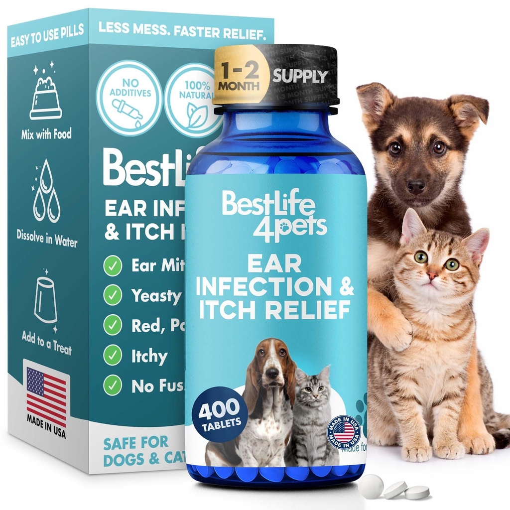 개 & 고양이, 고양이 및 개를위한 자연 귀 말린 치료 Soothes Itchy 귀, 붓기, Otitis, 통증 및 염증, 400 쉬운 작은 알약을 줄임