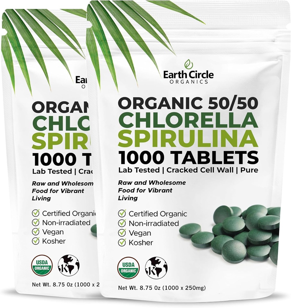 프리미엄 유기 CHLORELLA /SPIRULINA 1000 정제 (50/50) Kosher, Vegan - 녹색 조류 Superfood, 금된 세포 벽, Chlorophyll, 높은 단백질 & 철, 첨가물 없음, 또는 충전물 8.75 Oz (2 팩)