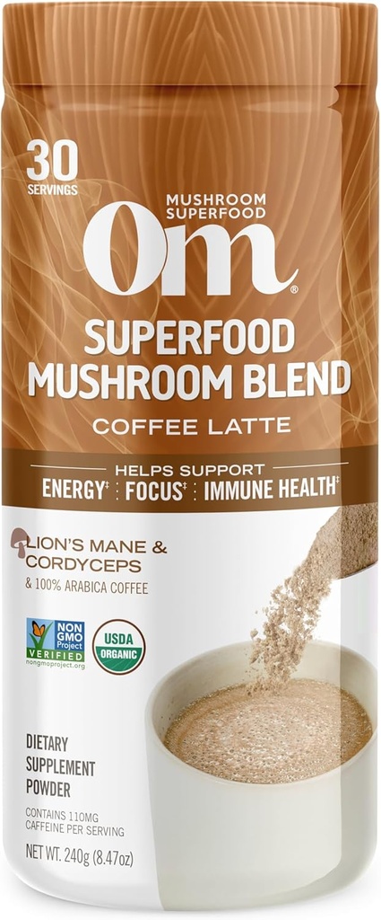OM MUSHROOM SUPERFOOD 커피 라떼 혼합 버섯 분말, 8.47 Ounce Canister, 30의 서빙, 사자 Mane, Cordyceps, Reishi, Chaga, 에너지 및 정신 Clarity 지원 보충교재