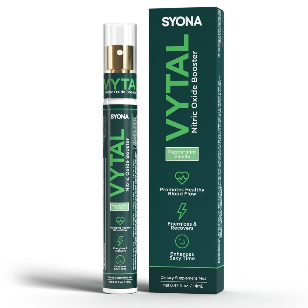 SYONA - VYTAL - 부스트 스프레이 - 심혈관과인지 - 페퍼 민트와 바닐라 맛 - B12, B3, L 아르기닌 - 14ml 펌프 병